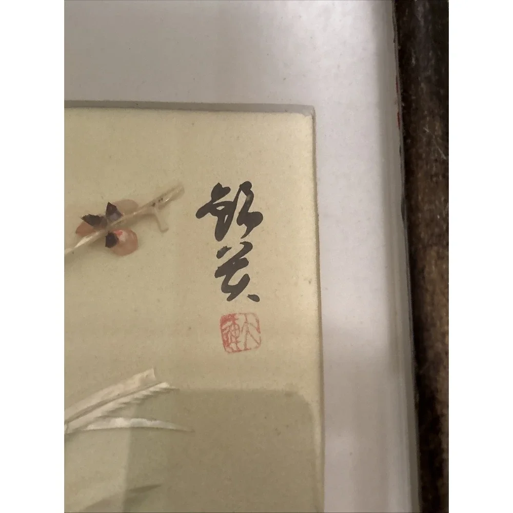 Vintage Chinese Shell Art Birds Flowers Diorama Shadow Box Pearl Brand